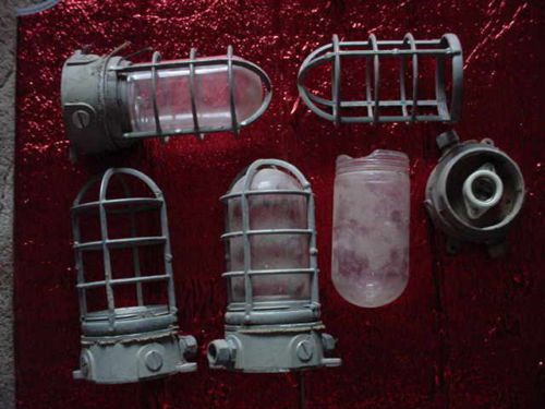 Lot of 4 Explosion Proof Light Fixtures with 4 Cages 3 Glass Shades SOLD AS SEEN