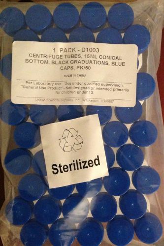D1003 centrifuge tubes, 15 ml conical bottom, black graduations, blue caps,pk/50 for sale