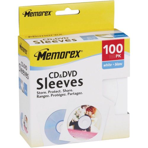 Memorex 100pk Paper Sleeves Wht Cd/Dvd W/Window And Back Flap