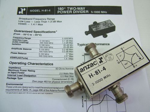 5 - 1000MHz RF Power divider N Type 2W 180 DEG 0 DEG H-81-4 anzac