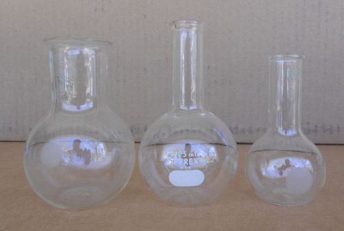 Lot of 3 pyrex round body, flat bottom, florence flasks - 150ml, 125ml, &amp; 50ml for sale
