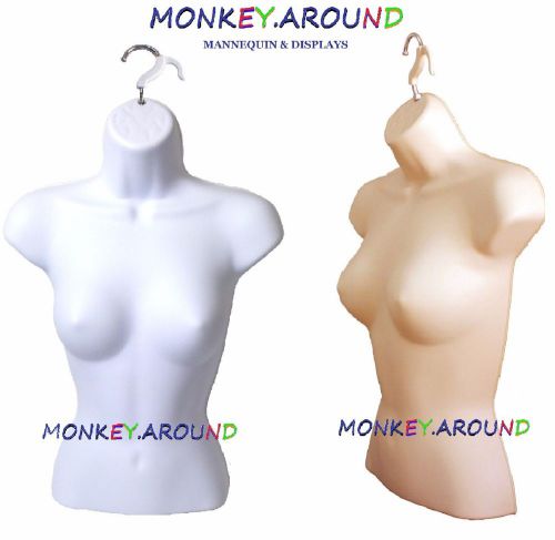 Lot 2 female display mannequin-flesh,white dress body torso molded forms,2 hooks for sale