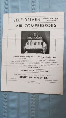 Original 1930&#039;s Hewitt Machinery Company Self Driven Air Compressor Brochure