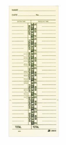 Adams Time Cards, Weekly, 1-Sided, Named Days, 3-3/8&#034; x 9&#034;, Manila, Green Print,