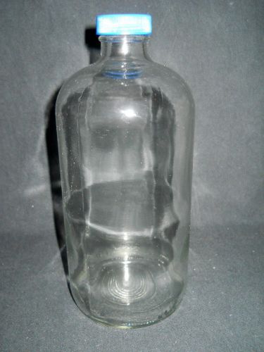 I-CHEM 1 Liter / 32oz Narrow Mouth Clear Glass Bottle &amp; Blue 33-400 Screw Cap