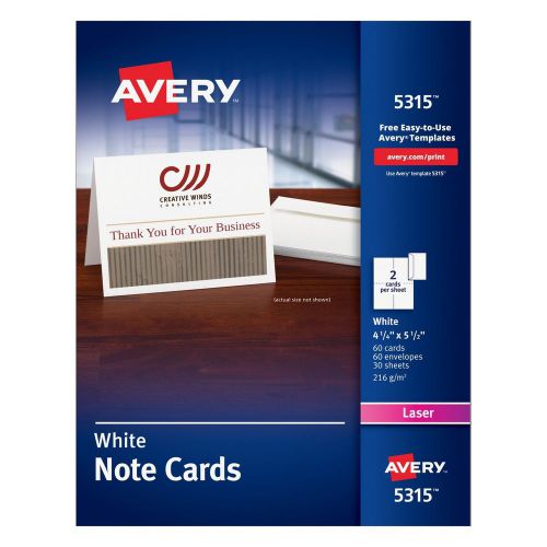 Avery White 4-1/4&#034; x 5-1/2 Laser Note Cards 2 Cards/Sheet 60 Cards &amp; Envelope...