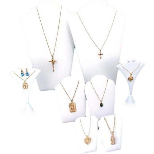 8 Pc Set White Faux Leather Necklace Chain Display