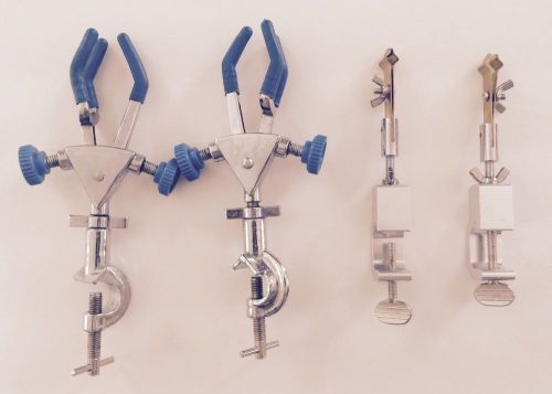 Lot of 4 multi direction burette clamps lab stand tube holder - 3 prong clamps for sale