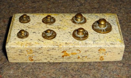 Antique metric scale gram weight set brass in marble base for sale