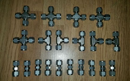 20 New Swagelok 3/8 inch Fittings Stainless Steel 10 unions 5 tees 5 fourways