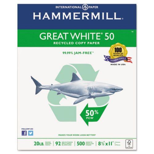 Hammermill Great White 50% Recycled Copy Paper 8 1/2 x 11 Inch 20 lb 92 Brigh...
