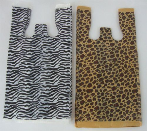 200 Leopard &amp; Zebra Print Design Plastic T-Shirt Shopping Bags Handles 8&#034;x5&#034;x16&#034;