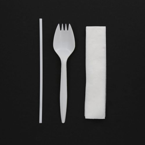 Medium Weight White Plastic Cutlery Kits - Spork, Napkin &amp; Straw, Case of 1,000