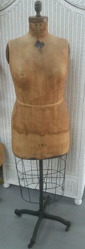 Antique J.R. BAUMAN Mannequin Model Dress Form w/Cage Iron Stand NY Size 18.5