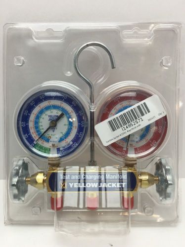Yellow jacket 42005 manifold with 3-1/8&#034; color-coded gauges, psi, r-22/134a/404a for sale