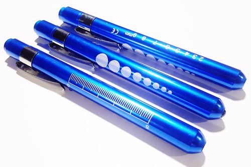 Set of 3 Blue Aluminum Penlight Pocket Medical LED with Pupil Gauge Reusable