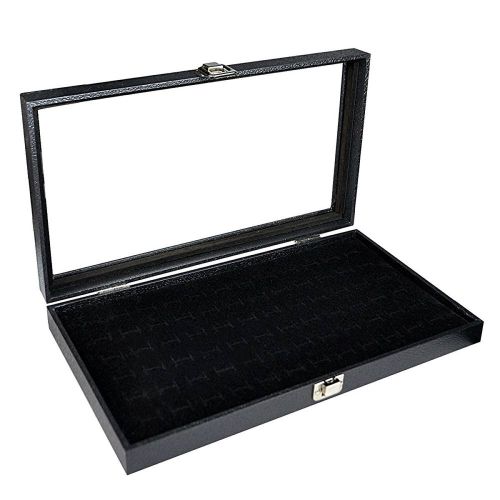 Glass Top Black Jewelry Display Case With 72 Slot Ring Tray 14 3/4W x 8 1/4D New