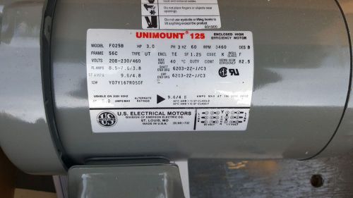 U.S. Electrical Motors Unimount 125 3 HP 3460 RPM 3PH 230/460V 56C Frame F025B