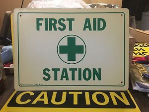 First aid station - vintage 10&#034;x14&#034; construction sign osha safety for sale