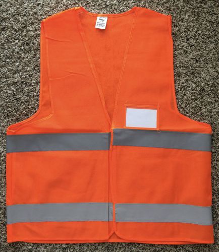 Neon orange safety vest with reflective strips, velcro closure &amp; name tag for sale