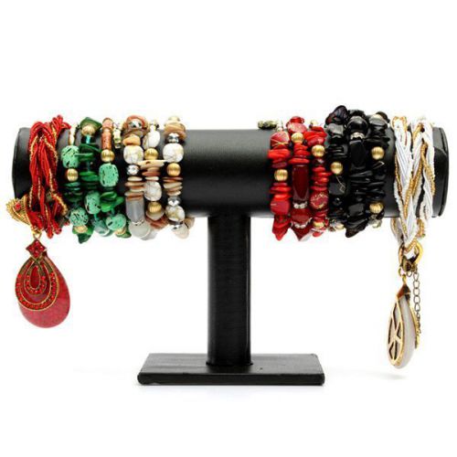 Black PU Leather Bracelet Necklace T-Bar Jewelry Display Stand Holder