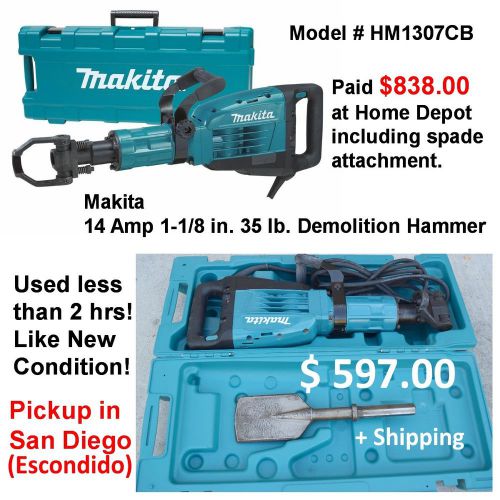 Makita HM1307CB 35 lb. Demolition Hammer, 1-1/8&#034; Hex, case (w/ wheels) used 2hrs