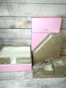 Kate Spade Grasscloth Gold Dot Lining Desk Organizing Accessories Set of 3 NIB