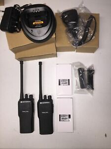 2 Motorola CP200 VHF 16 Channel Radios With Batteries, Chargers &amp; Lapel Mics