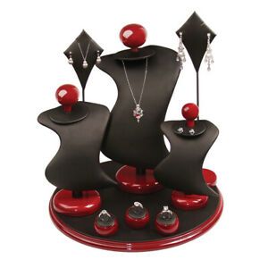 9pc Jewelry Display Set Black Faux Leather Necklace Ring Earring Pendant Stand