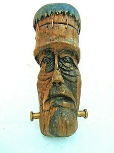 HAND CARVED wood FRANKENSTEIN HEAD folk art RAT ROD GEAR SHIFT KNOB beer tap