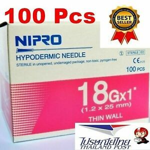 NIPRO HYPODERMIC 18G X 1 &#034; THIN WALL BOX OF 100 ( Size 1.2 x 25 mm ) NEW