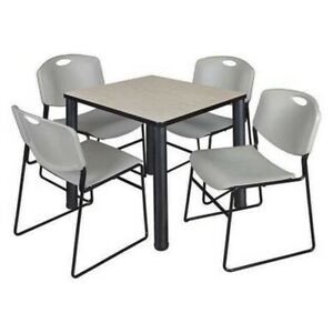 Regency Kee 48&#034; Square Breakroom Table- Chrome &amp; 4 Zeng Stack Chairs- Grey