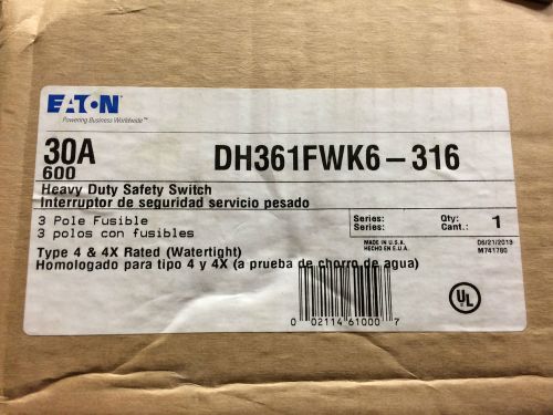 Eaton dh361fwk6-316 disconnect safety switch 3 pole 30 amp fusible nema 4x stain for sale