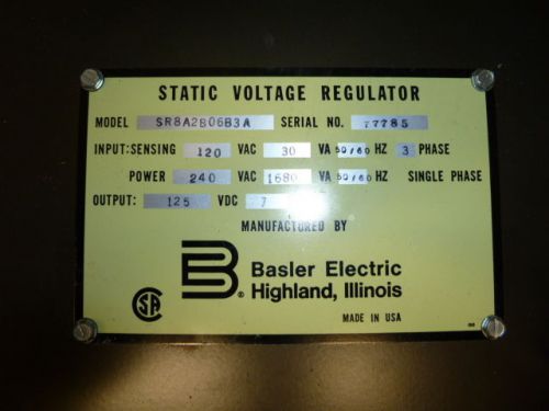 Basler SR8 Voltage Regulator, PN SR8A2B06B3A