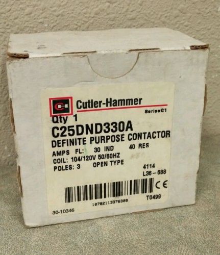 CUTLER HAMMER C25DND330A DEFINITE PURPOSE CONTACTOR 30 AMP 120 VOLT COIL 3 POLE