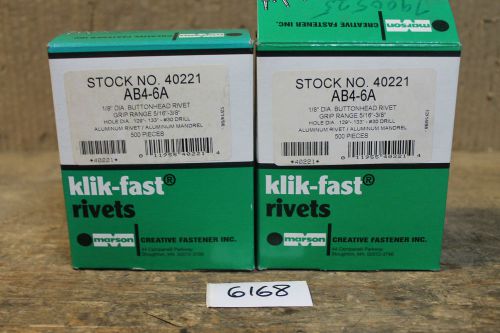 Lot of 2 klik-fast rivets 500 pieces in each 1/8&#034; dia buttonhead ab4-6a (6168) for sale