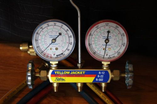 Yellow jacket  2 valve manifold red &amp; blue gauges r-12, r-22, r502 for sale