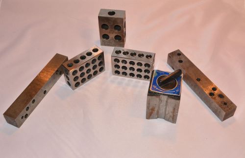 Set of five vintage gauge blocks and magnetic v-base holder for sale