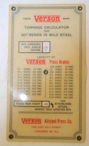 VTG Verson Allsteel Press Company Pocket Guide Tonnage Calculator for 90 Degree