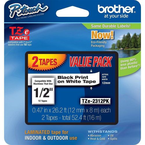 2 Brother P-Touch TZ-231 1/2 width Black on White Tapes