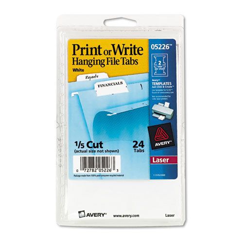 Print/Write-On Hanging Tabs, 1/5 Tab, 2 1/16 Inch, White, 24/Pack