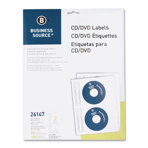 Business Source CD/DVD Labels, Laser/Inkjet, 50 per Pack, White