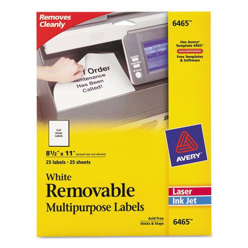 Removable Inkjet/Laser ID Labels, 8-1/2 x 11, White, 25/Pack