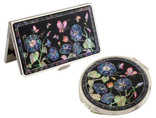 Nacre morning glory Business card holder case Makeup compact mirror gift set#14