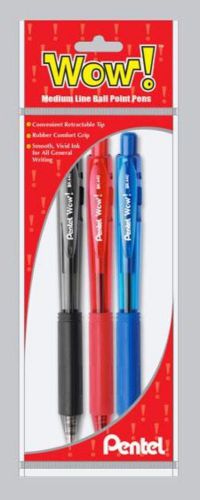 WOW! Retractable Ball Point Pen Medium Line Assorted Ink (A/B/C) 3 Pack Pouch