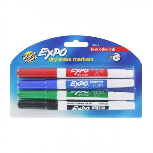 4 Pack Expo Dry Erase Markers, Assorted Colors, Low Odor Ink Fine Tip, #86674