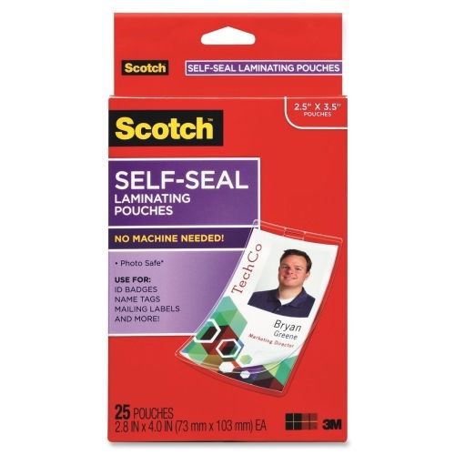 Self-Sealing Laminating Pouches w/Clip, 12.5 mil, 2 15/16 x 4 1/16, 25/Pack