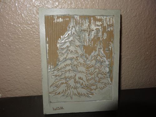 Vintage Ink Block Stamp Arts Crafts Home made Christmas Card Christmas Tree Snow