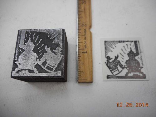 Letterpress Printing Printers Block, Reading in Rocking Chair by Potbelly Stove