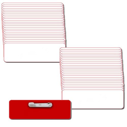 50 BLANK 1 X 3 WHITE / RED NAME BADGES TAGS 1/8&#034; CORNERS &amp; SAFETY PIN BACKS